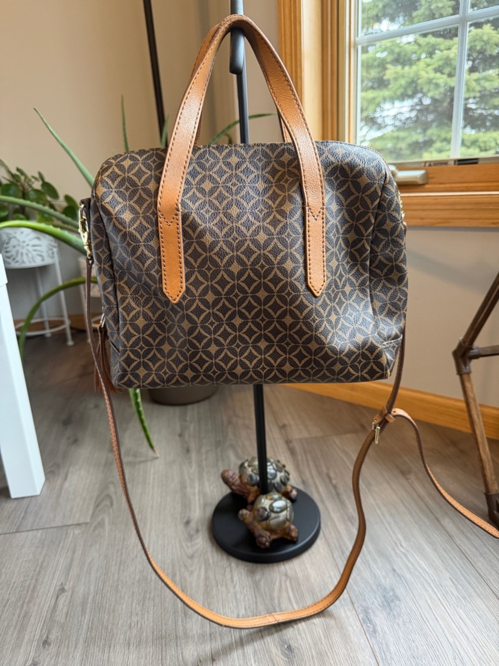 Fossil Brown Patterned Satchel with Tan Leather Trim